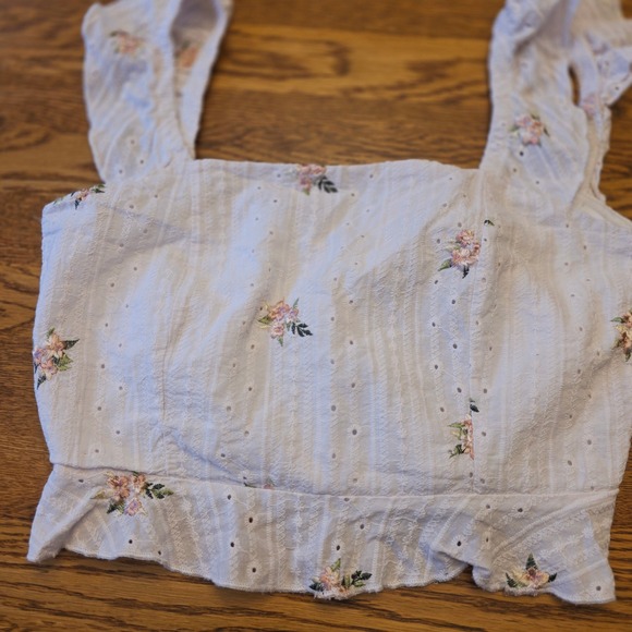 Cottage Core S White Floral Embroidered Ruffle Crop Top Square Neck Tie Back - Picture 4 of 11